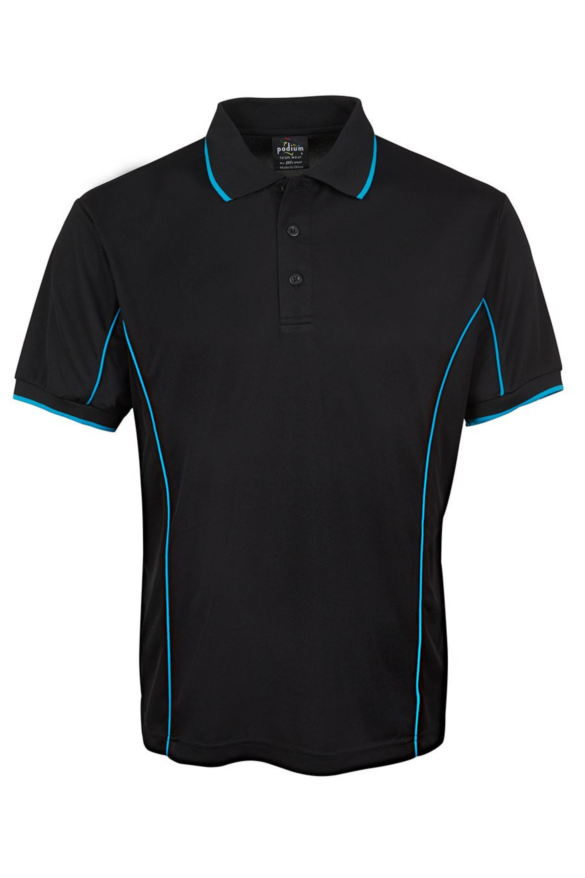 Men's Poly Piping Polo SSL - Black/Aqua