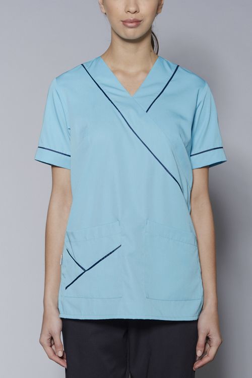 Women's Contrast Trim Scrub Top - Teal/White