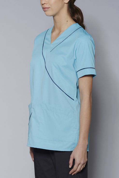 Women's Contrast Trim Scrub Top - Turquoise/Navy