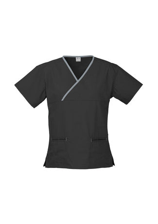 Ladies Crossover Scrub Top - Black/Pewter