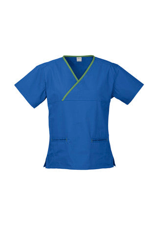 Ladies Crossover Scrub Top - Mid Blue/Navy