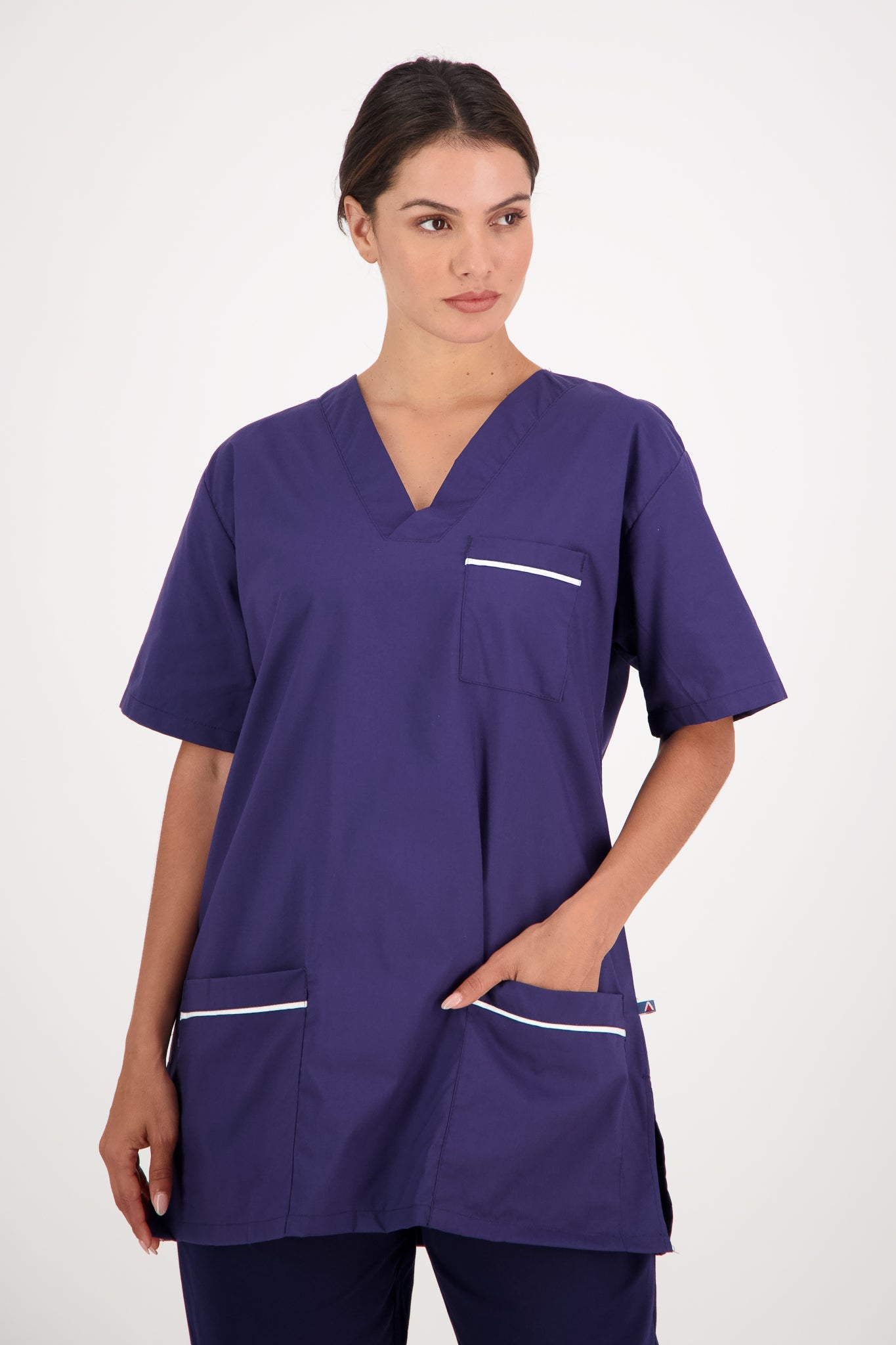 90° Wash V Neck Scrub Top - Navy/White